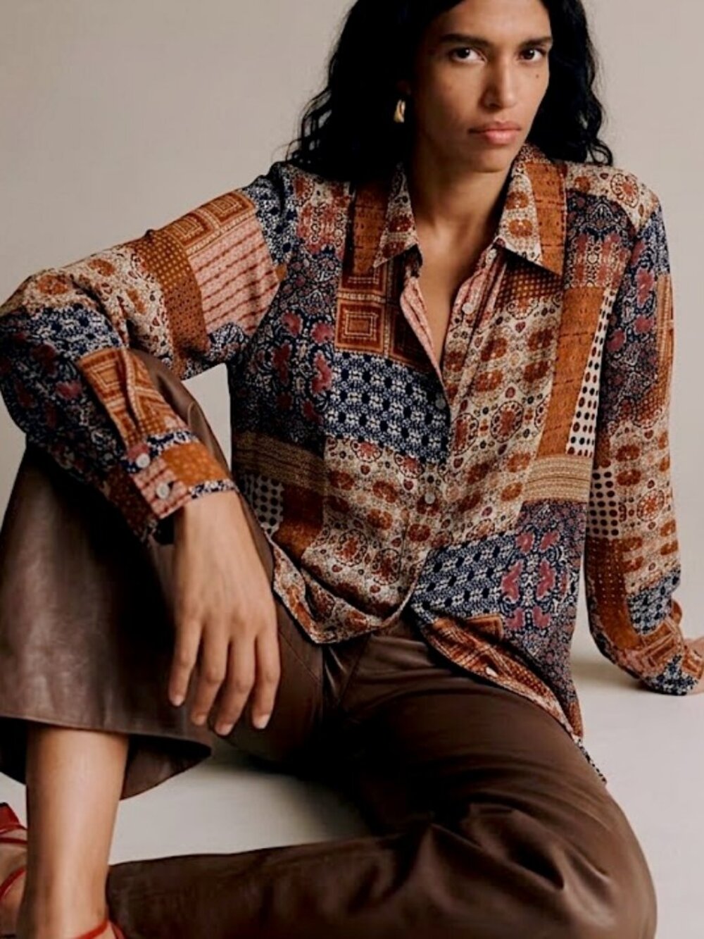 Rose + Olive Women's Patchwork Long Sleeve Button Down Shirt Size Large NWT